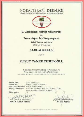 9.Geleneksel Herget N�ralterapi ve Tamamlay�c� T�p Sempozyumu Kat�l�m Belgesi Sa�l�kl� Ya�lanma- Anti Aging   